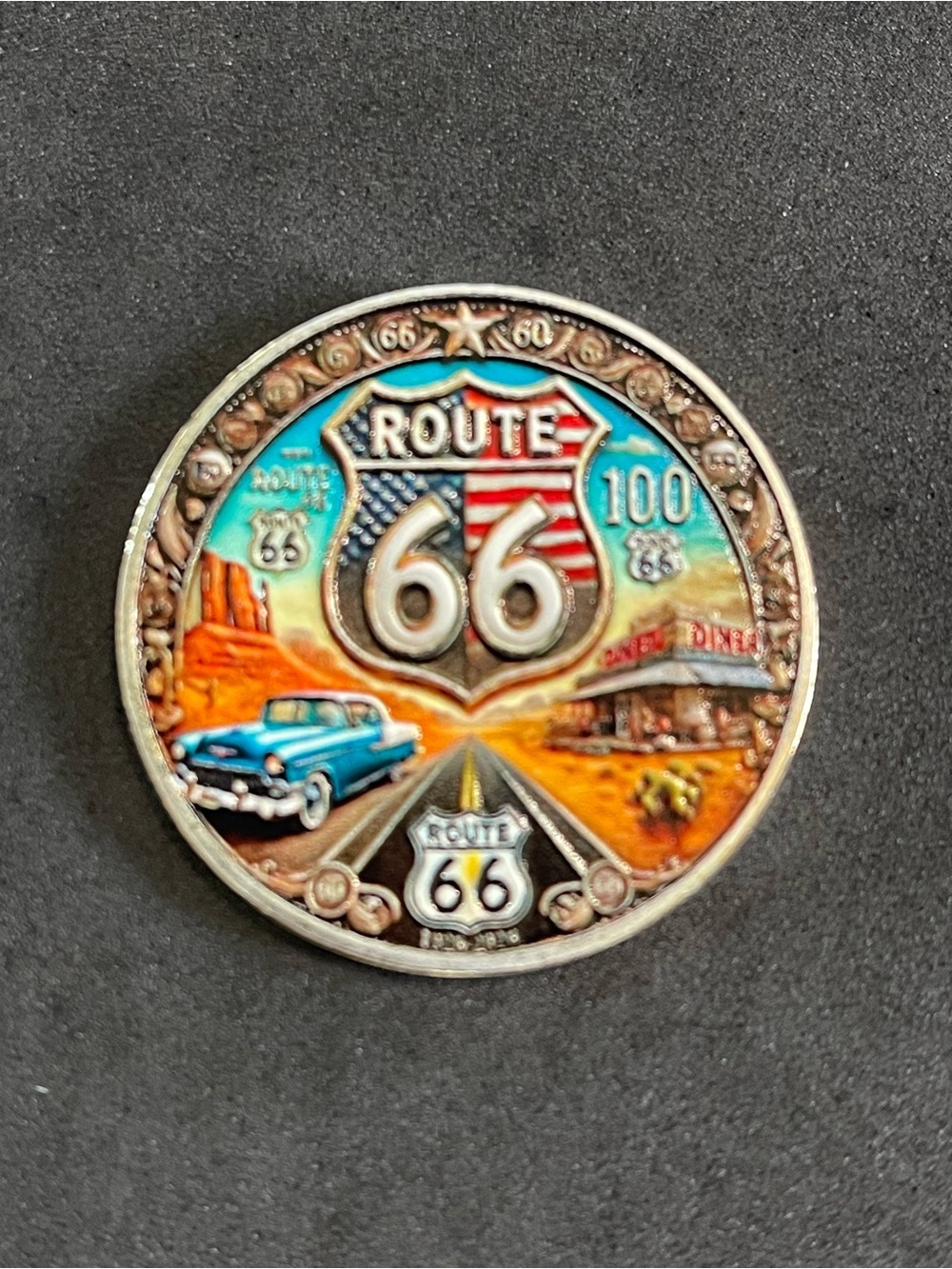 Route 66 100th Metal Commemorative Coin,- Blue and Orange NEW